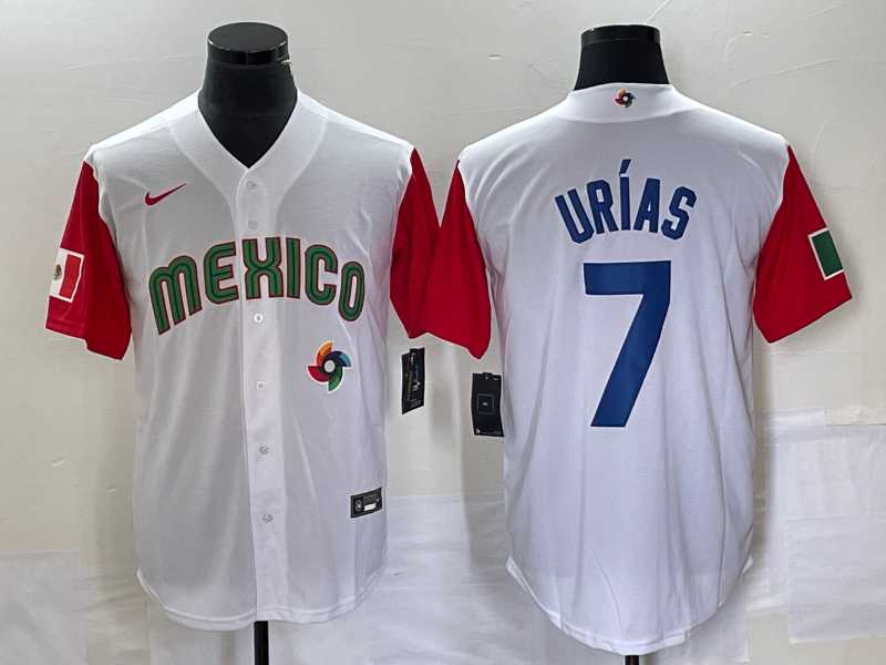 Mens Mexico Baseball #7 Julio Urias Number 2023 White Red World Classic Stitched Jersey7